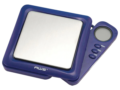 AWS Blade Style Digital Scale in Blue, 100g x 0.01g accuracy, with pop-out display and tray, battery-powered