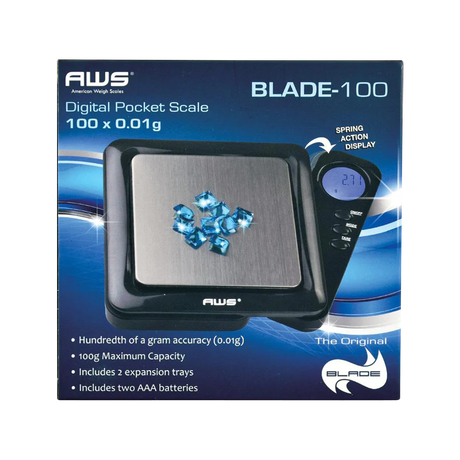 AWS Blade-100 Digital Pocket Scale with 0.01g accuracy and blue crystals on tray, front view