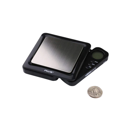 AWS Blade Style Digital Scale in black, portable design with stainless steel tray, battery powered, side view