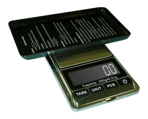 AWS Chrome Digital Scale open view, 200g x 0.01g accuracy, compact and portable design