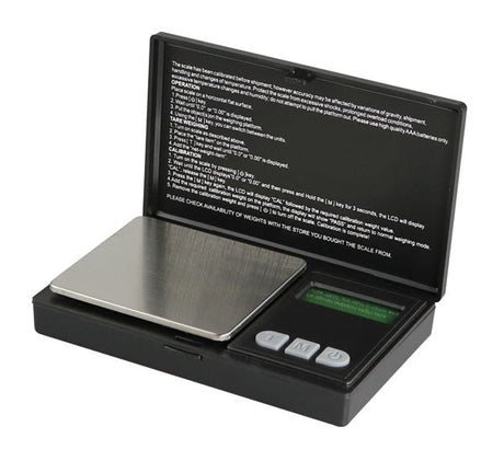 AWS MAX-100 black pocket scale with open lid, 100g capacity, 0.01g accuracy, battery-powered