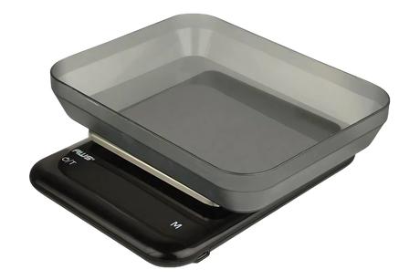 AWS Rechargeable Digital Kitchen Scale in black, 5000g x 0.1g, portable design with clear bowl, top view