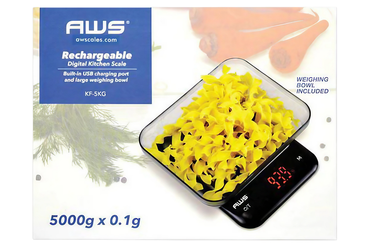 AWS Rechargeable Digital Scale, 5000g x 0.1g, Black, USB Charging, Top View with Pasta