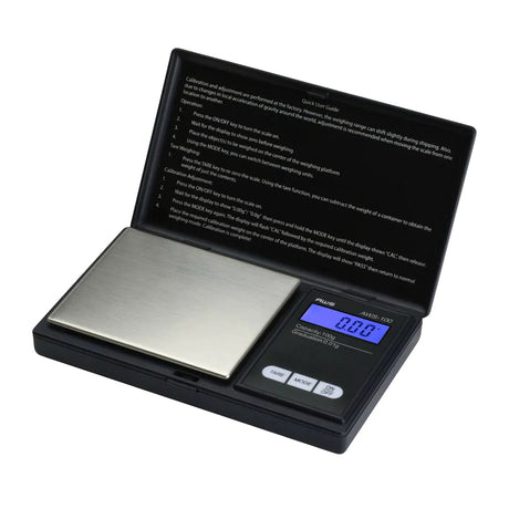 AWS Series Digital Pocket Scale in black, open view, with blue backlit display showing weight