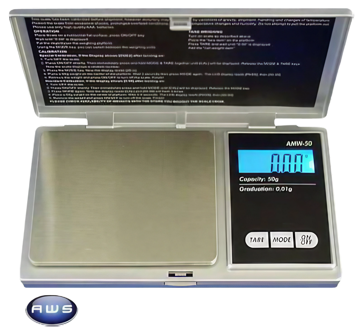 AWS Digital Jewelry Scale 600g, 0.1g accuracy, open view with blue backlit display
