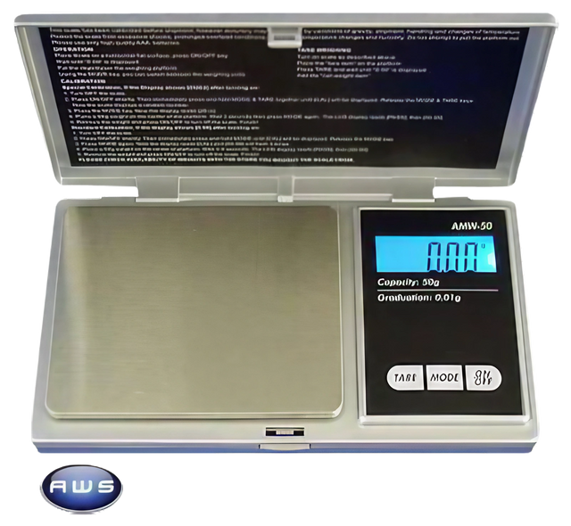 AWS Digital Jewelry Scale 600g, 0.1g accuracy, open view with blue backlit display
