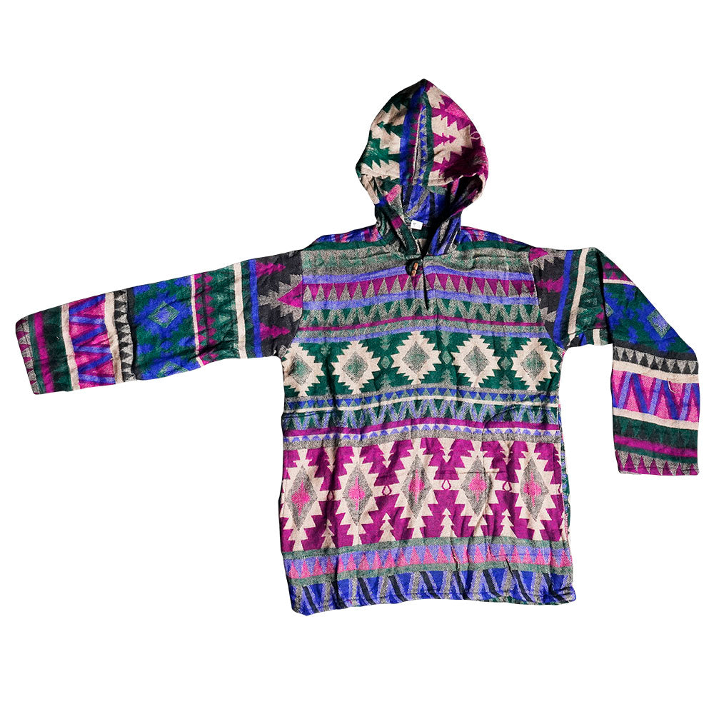 Vibrant Aztec Patterned Sweater Jacket with Hood - Front View on Seamless White Background