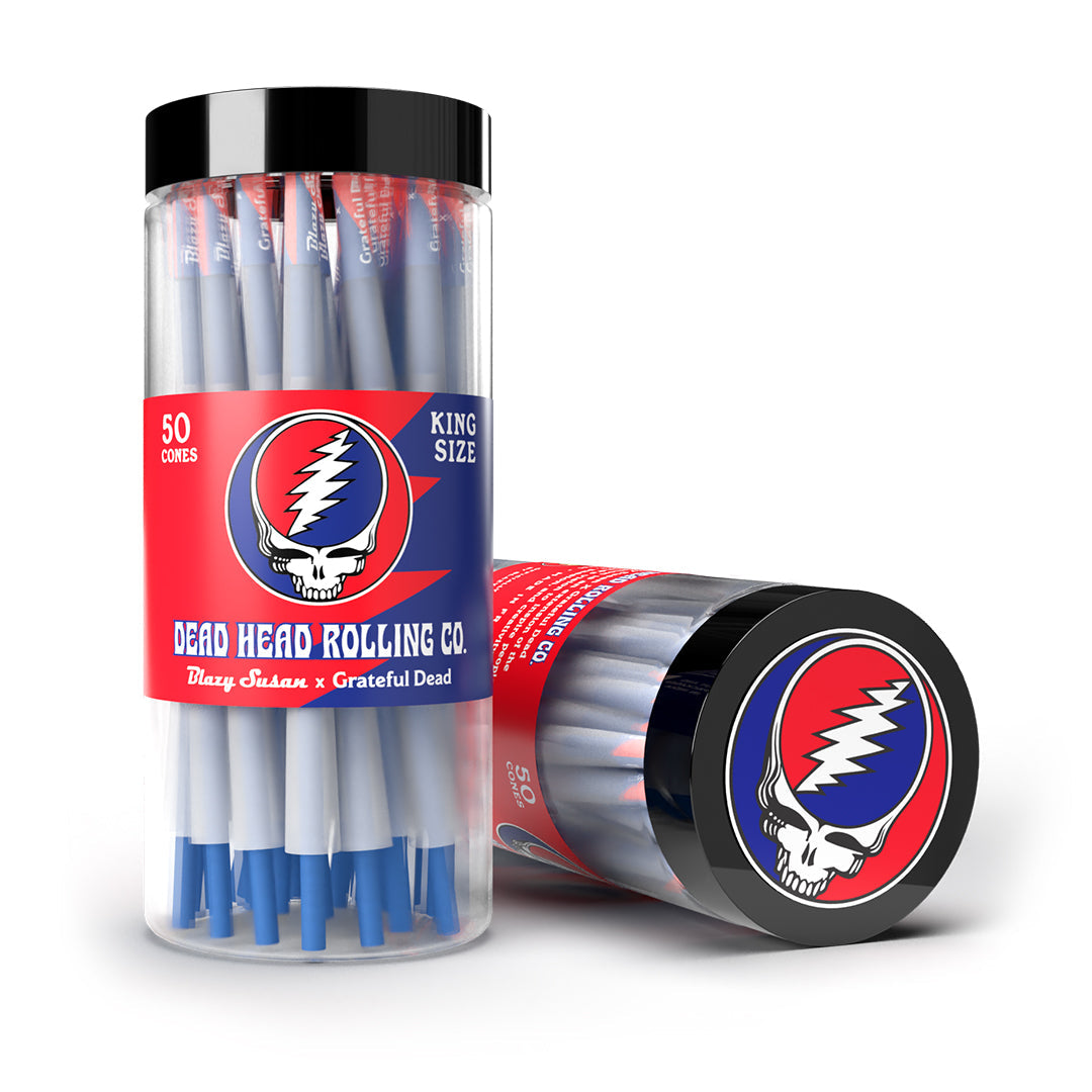 Blazy Susan x Grateful Dead King Size Rolling Cones in a clear tube with vibrant branding