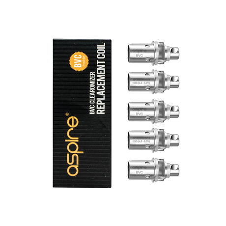 Aspire BVC Coils 5-Pack on white background, showing 1.6Ω & 1.8Ω options, compatible with multiple devices