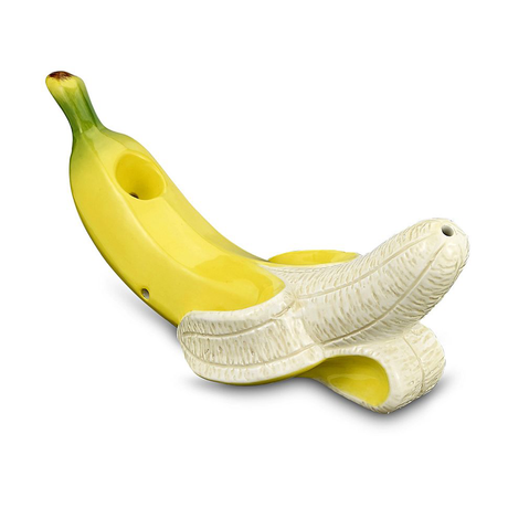 Fantasy Ceramic Banana Novelty Pipe, Handcrafted Design, Angled Side View on White Background