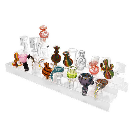 Clear Acrylic Banger/Bowl Display Stand for 14mm & 19mm, showcasing various bong attachments