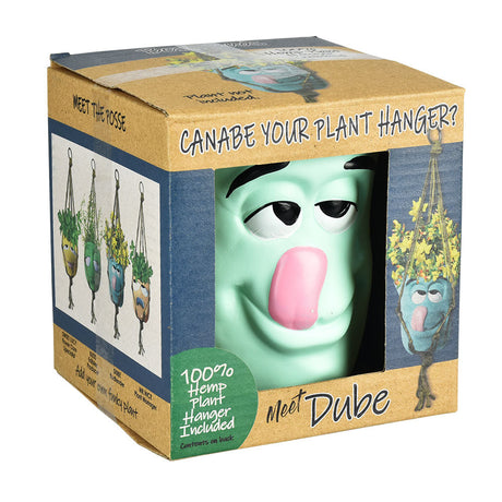 Best Buds Dube Hanging Flower Pot packaging, 3.75" ceramic with hemp hanger, front view