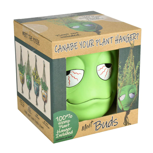 Best Buds ceramic hanging flower pot with fun face design, packaged in a box with hemp hanger included.