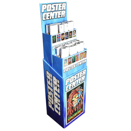 36-pack of assorted blacklight posters on display stand with vibrant designs, front view
