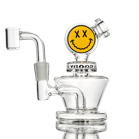 Goody Glass Big Face Mini Rig with clear borosilicate glass, side view on white background