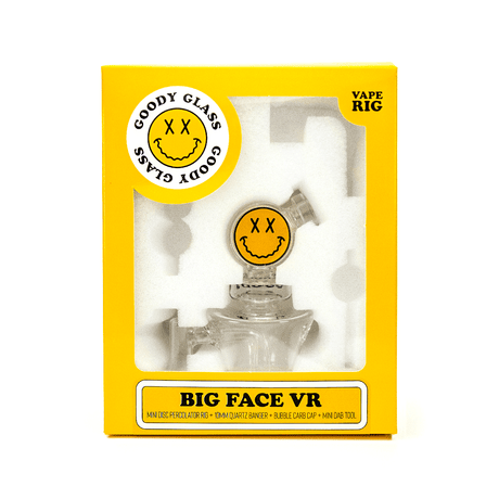 Goody Glass Big Face VR Vape Rig with clear and pink borosilicate glass, front view in packaging