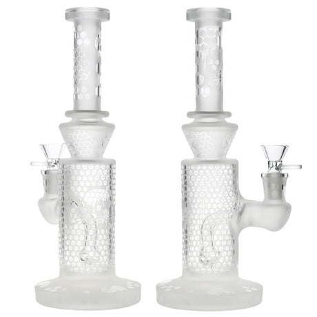 BIIGO Frosted Hive Hitter Water Pipe, 10" Tall, 14mm Female Joint, Honeycomb Percolator, Front and Side Views