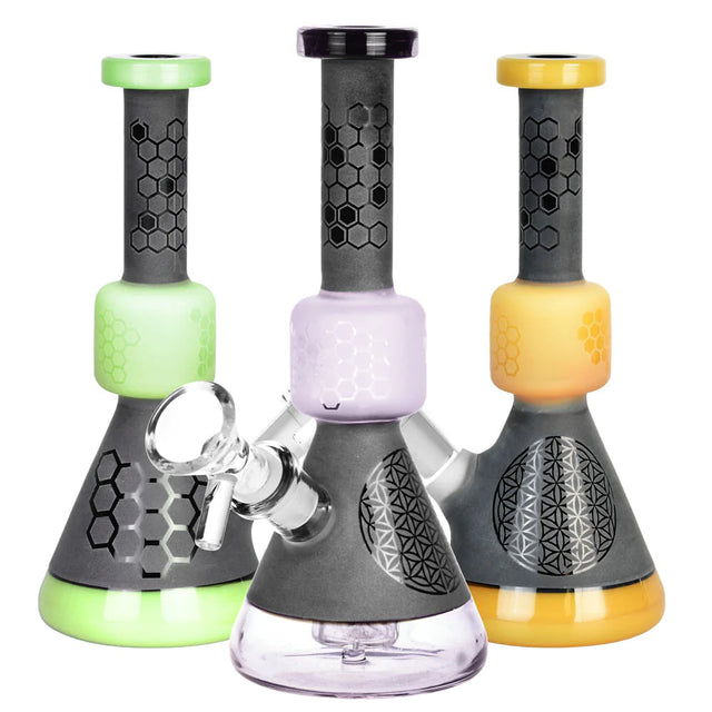 Trio of Black Frost Bee Geometry Water Pipes with honeycomb percolator, 45-degree joint, front view