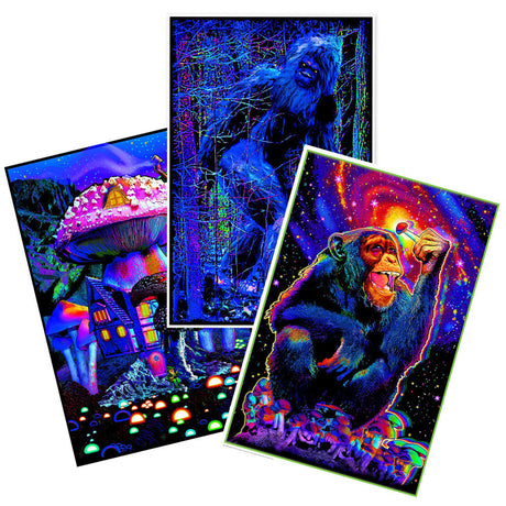 Set of three Blacklight Posters with vibrant psychedelic designs, 24"x36", displayed side by side