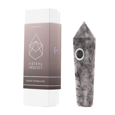 Astral Project Black Tourmalinated Quartz Hand Pipe beside packaging, front view, for energy balance