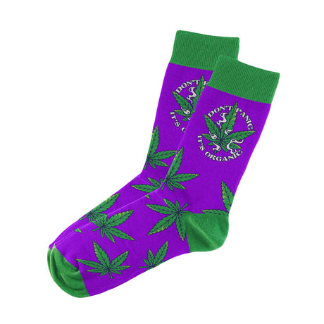 Blazing Buddies purple socks with green cannabis leaf design and 'Don't Panic It's Organic' text, size 2X Large