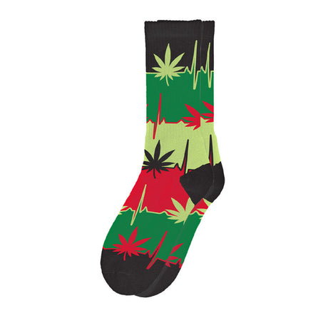 Blazing Buddies Hemp Heartbeat Socks featuring a colorful cannabis leaf design on a cotton blend fabric, size 2XL