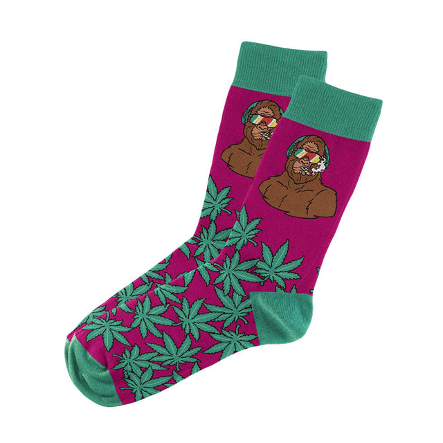 Blazing Buddies Socks featuring Hippie Yeti design, pink with green leaves, cotton blend, size 2XL-3XL