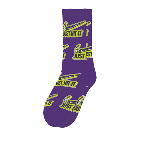 Blazing Buddies 'Just Hit It' purple cotton blend socks with novelty design, medium size - front view