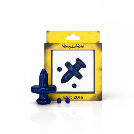 Honeybee Herb Galaxy Top Control Tower Cap in blue for dab rigs, front view on white background
