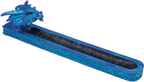 Large Blue Dragon Incense Burner in Polyresin, Side View on White Background