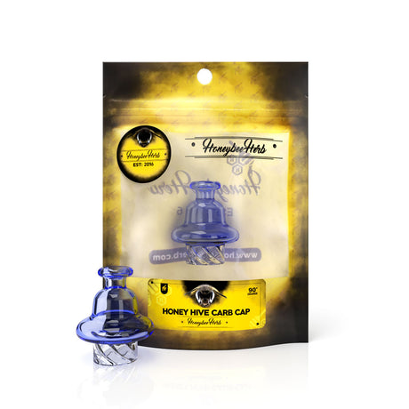 Honey Hive Carb Cap by Honeybee Herb in blue, borosilicate glass, for dab rigs, front view on packaging