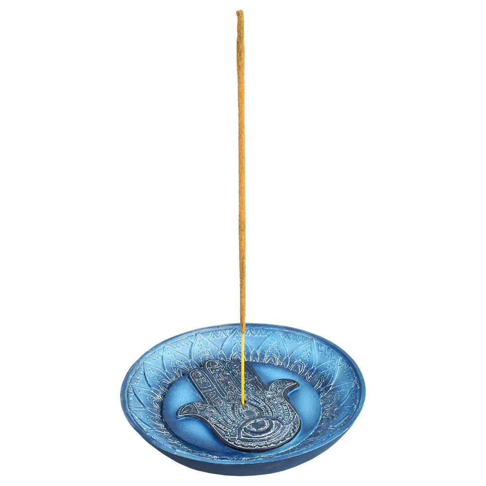 Blue Hamsa Hand Polyresin Incense Burner, top view with incense stick