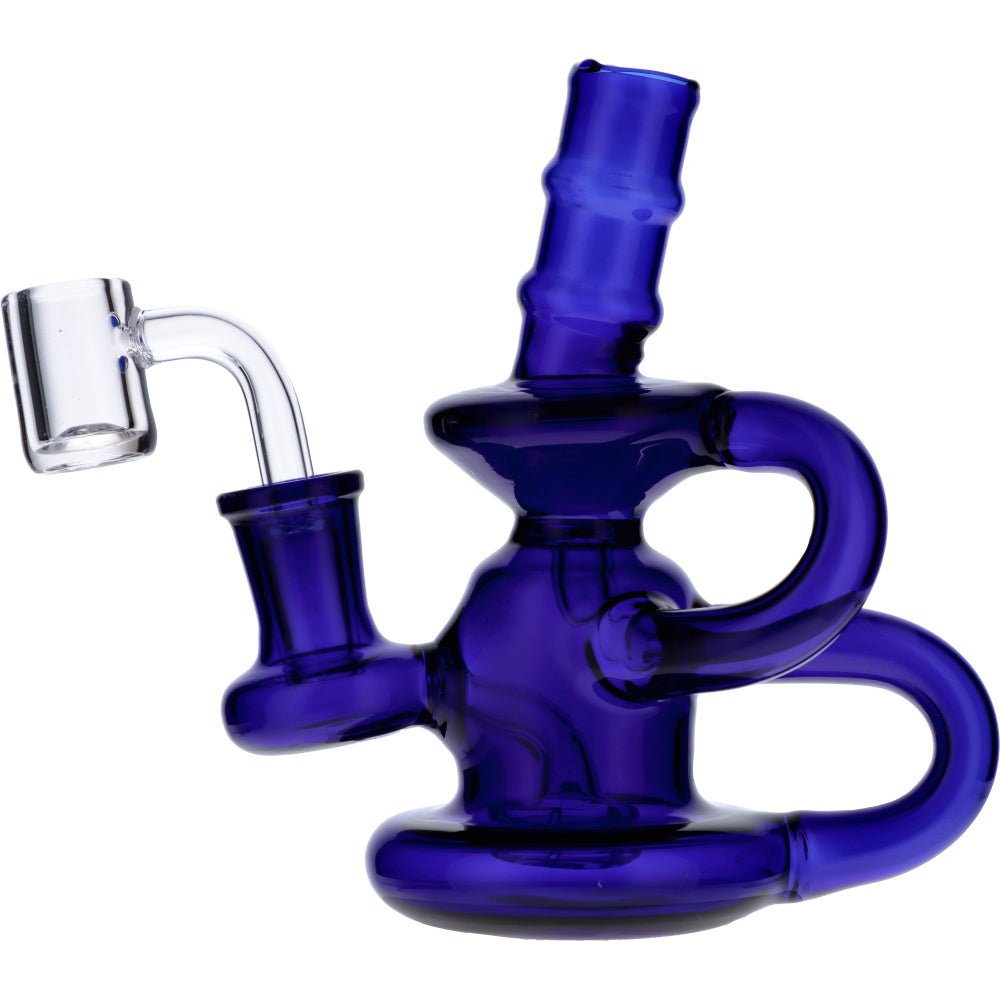 Valiant Distribution Blue Recycler Mini Water Pipe, 6in, with Quartz Banger on White Background
