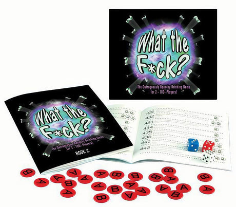 What the F*ck? board game set displayed with cards, dice, and game booklet on white background