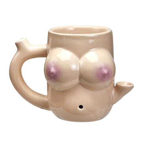 Ceramic mug pipe shaped like breasts, front view, for dry herbs - novelty design