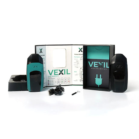 Boundless Vexil Dry Herb Vaporizer in Black and Teal with Accessories and Packaging