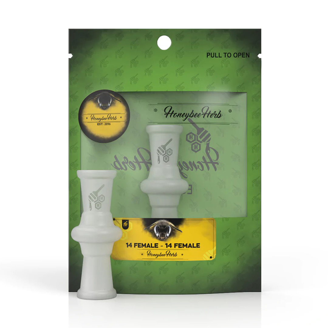 Honeybee Herb Glass Adapters 14F to 14F, front view on branded packaging, ideal for bong customization