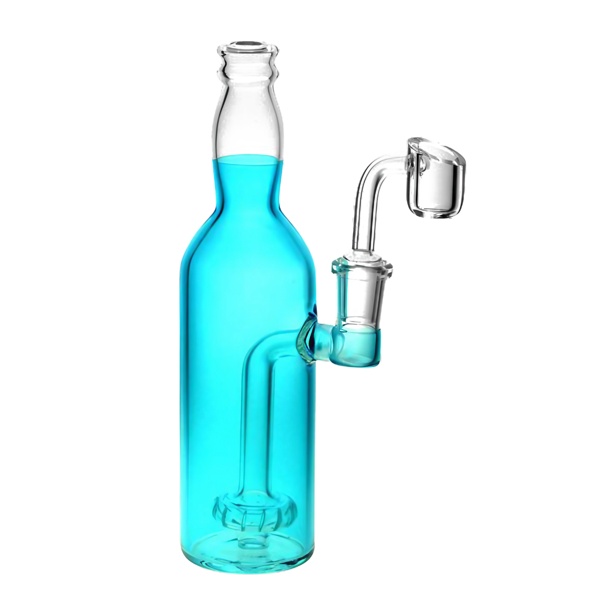 Bright blue soda bottle-shaped borosilicate glass dab rig with quartz banger, side view