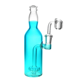 Bright blue soda bottle-shaped borosilicate glass dab rig with quartz banger, side view