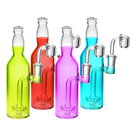 Assorted colorful Bright Soda Bottle Oil Dab Rigs with showerhead percolators, 7.5" tall