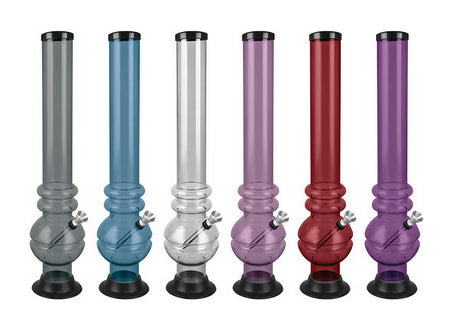 Assorted colors of Bubble Base Acrylic Water Pipes with aluminum bowls, front view on white background
