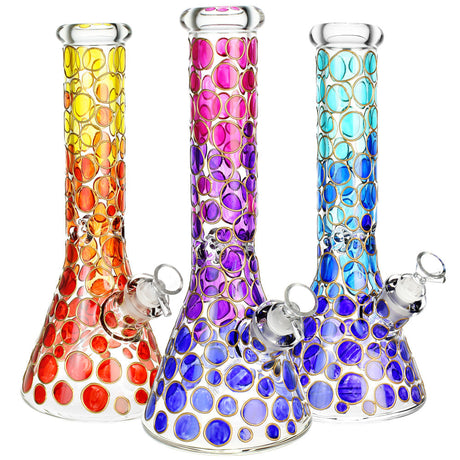 Bubbles Galore Beaker Water Pipes in red, purple, and blue with borosilicate glass design, front view
