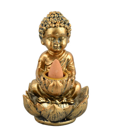 Gold Buddha Backflow Incense Burner in Polyresin, 4" Size - Front View on White Background
