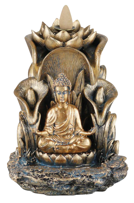 Polyresin Buddha Backflow Incense Burner with Lotus Design, 5.5" - Front View