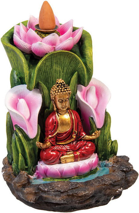 Buddha Lotus Backflow Incense Burner with vibrant colors, front view on white background