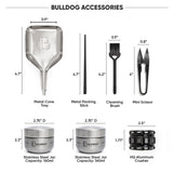BULLDOG Smell Proof Stash Bag accessories including metal cone tray, packing stick, brush, scissors, and jars.