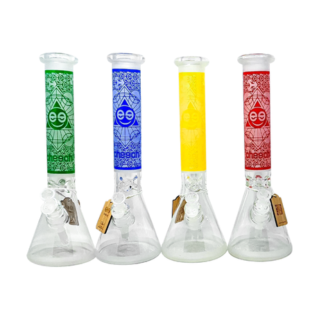 Cheech Glass 13" Blasted Pattern Beaker Bongs in Green, Blue, Yellow, Red - Front View