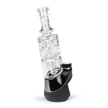 Beta Glass Labs Petra Peak Attachment for E-Rigs, clear glass with black base, side view, battery powered
