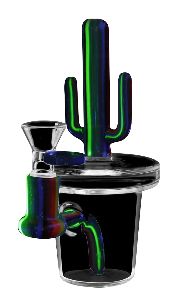 UV Reactive Cactus Water Pipe with Slit-Diffuser Percolator, 6" Height, 90 Degree Joint