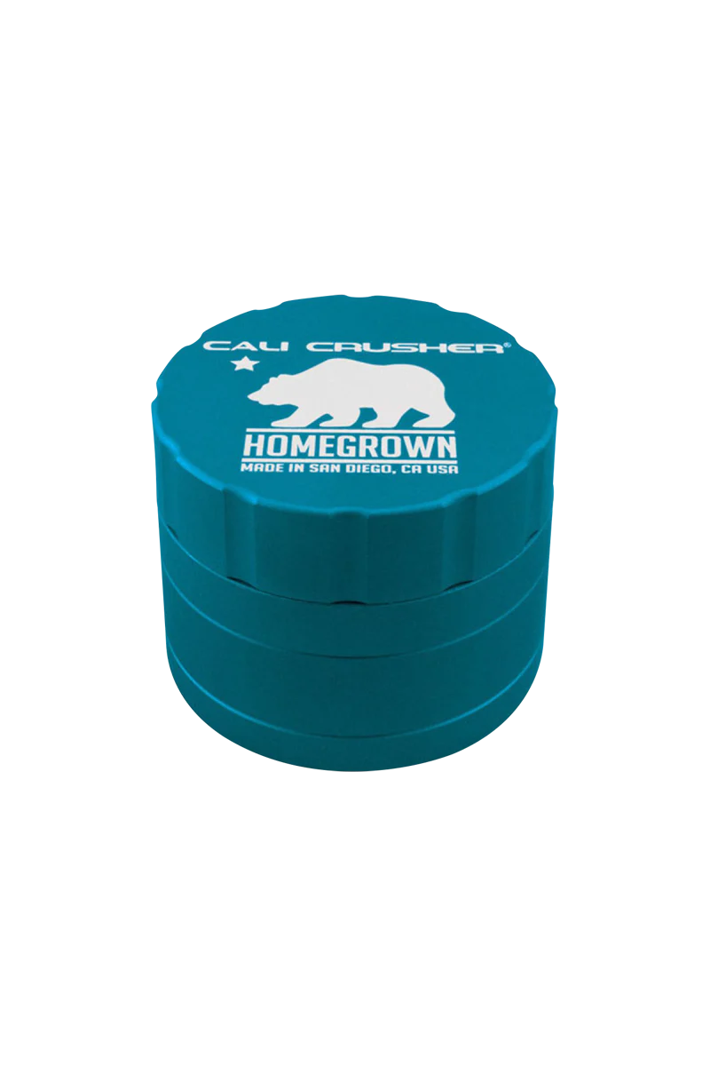 Cali Crusher Homegrown 4-Piece Grinder in Aqua, Aluminum Quicklock, Top View on White